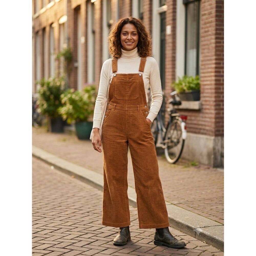 Bibi Camel Corduroy Overalls Medium Cross Back Wide Leg Jumpsuit 100% Cotton New